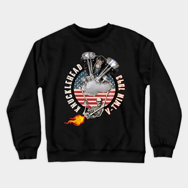 1943 HD Knucklehead VTwin Flame Farting Motorcycle Americana Crewneck Sweatshirt by The Dirty Gringo